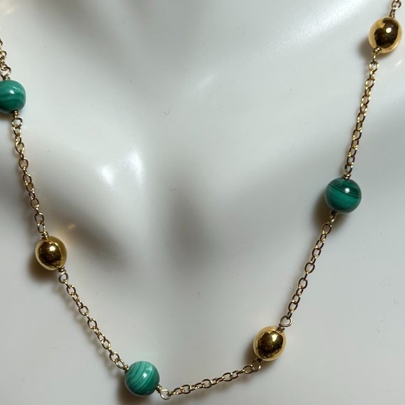 Signed J. Crew 925 Sterling Silver Yellow Gold Vermeil Green Malachite Necklace - Picture 6 of 8